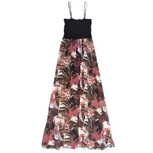 Vintage 90s Y2K Forever 21 Black Floral Sheer Layer Fairy Whimsy Goth Maxidress